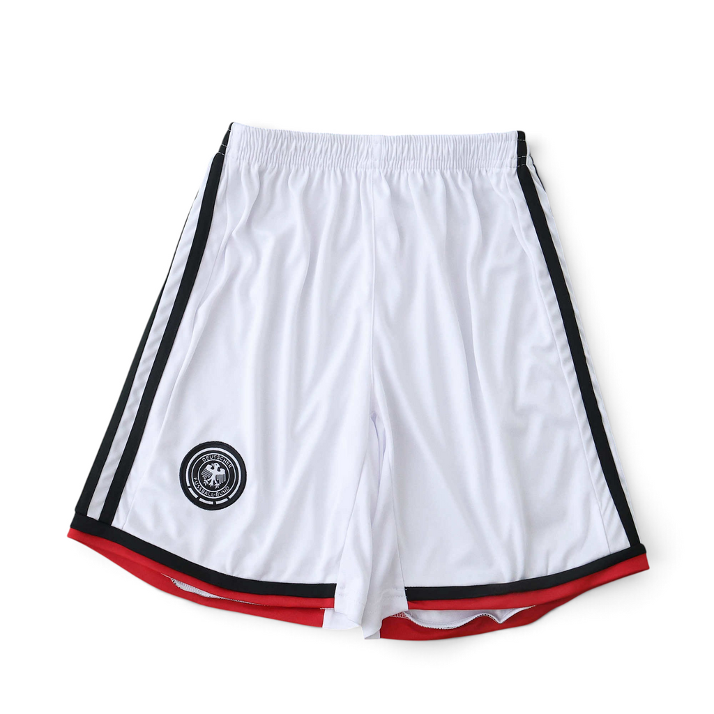 Elite Retro Kits Germany 2014 home kids football shorts in white with black side stripes and red trim detail