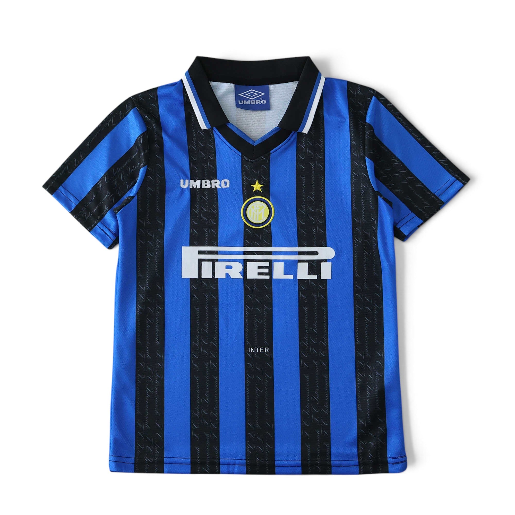 Elite Retro Kits kids Inter Milan 1997/98 home jersey with black and blue stripes, Pirelli sponsor, and Umbro logo.
