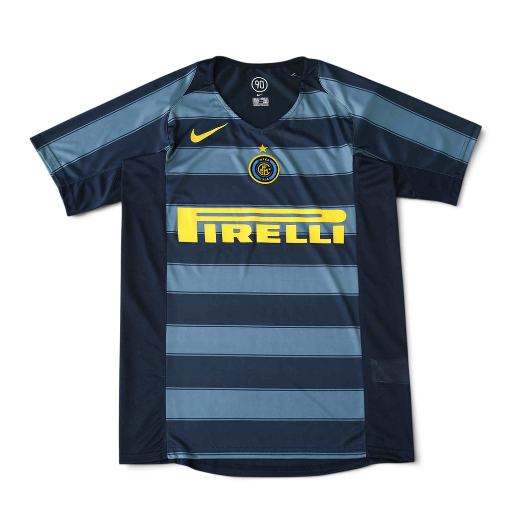 Elite Retro Kits Inter Milan 2004/05 third football shirt in dark blue and grey stripes with yellow Pirelli sponsor.