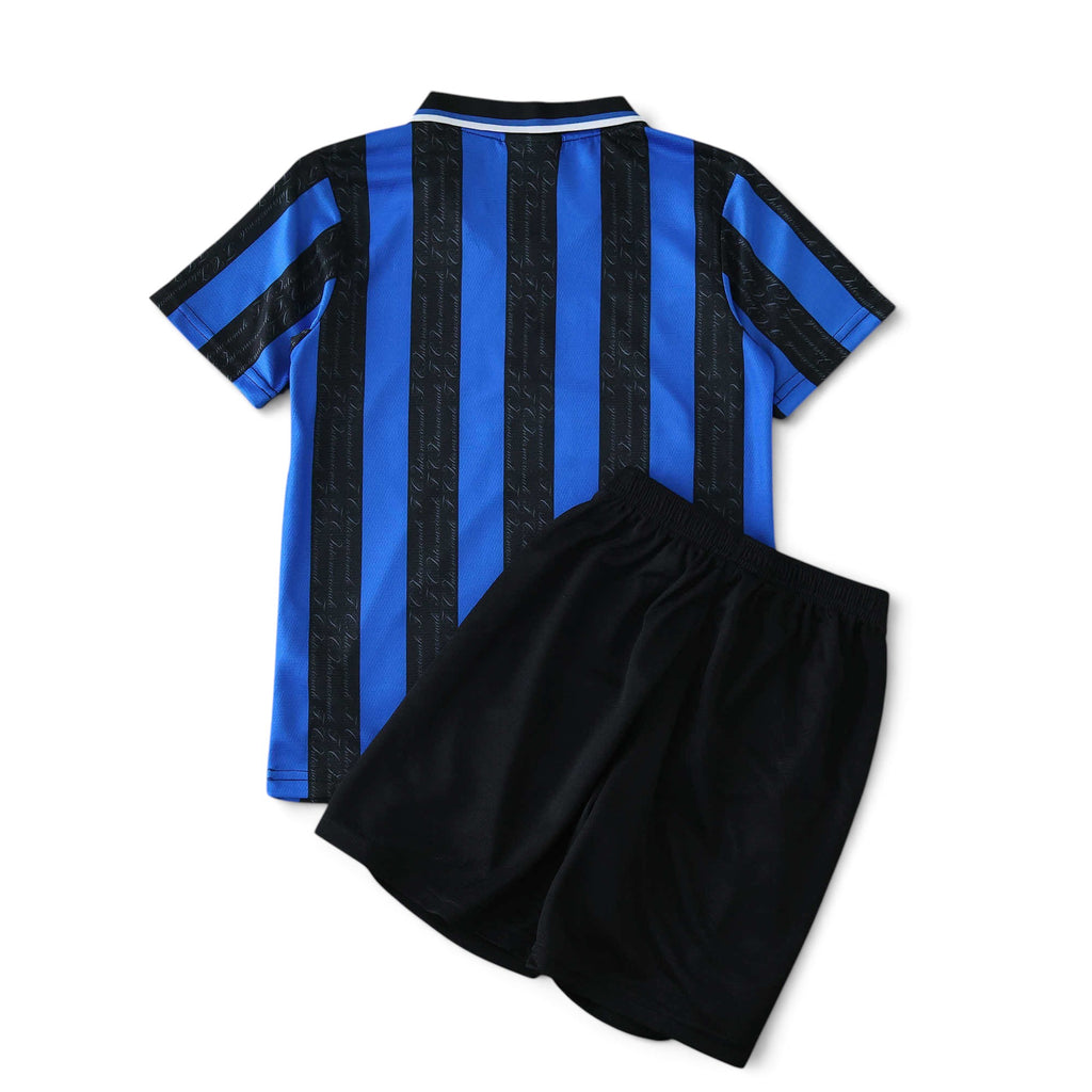 Elite Retro Kits kids Inter Milan 1997/98 home kit featuring blue and black striped jersey and black shorts