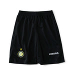 Elite Retro Kits kids Inter Milan 1997/98 home shorts in black with Umbro logo and club crest on green pitch surface