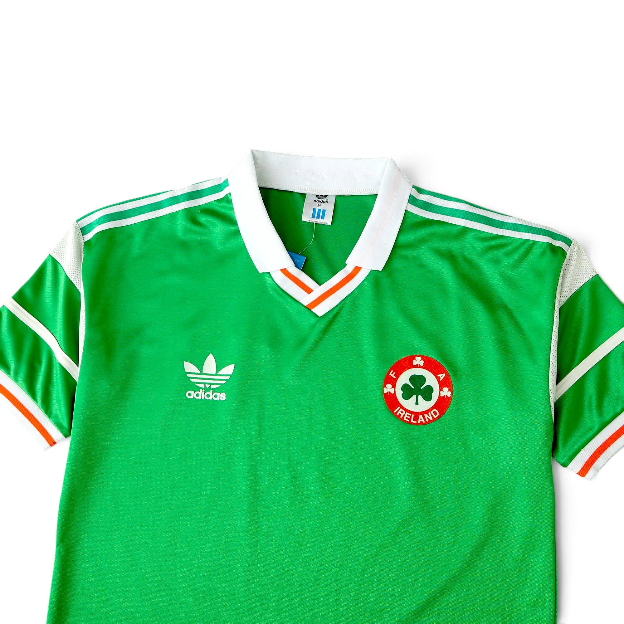 Elite Retro Kits Ireland 1988-90 home football shirt in green with white collar, orange trim, and FAI crest.