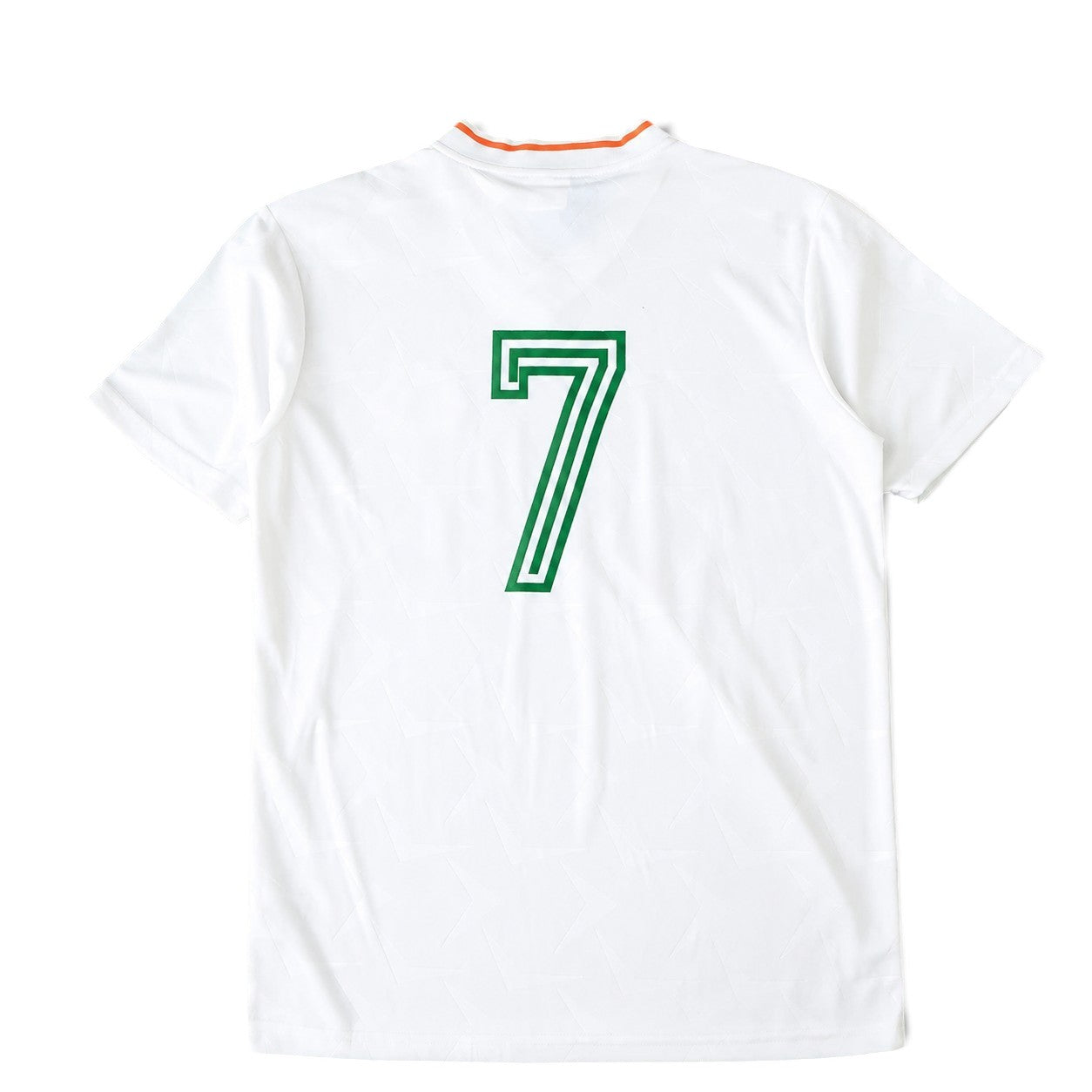 Elite Retro Kits Ireland 1990 away football shirt in white with green number 7 on the back and orange collar trim