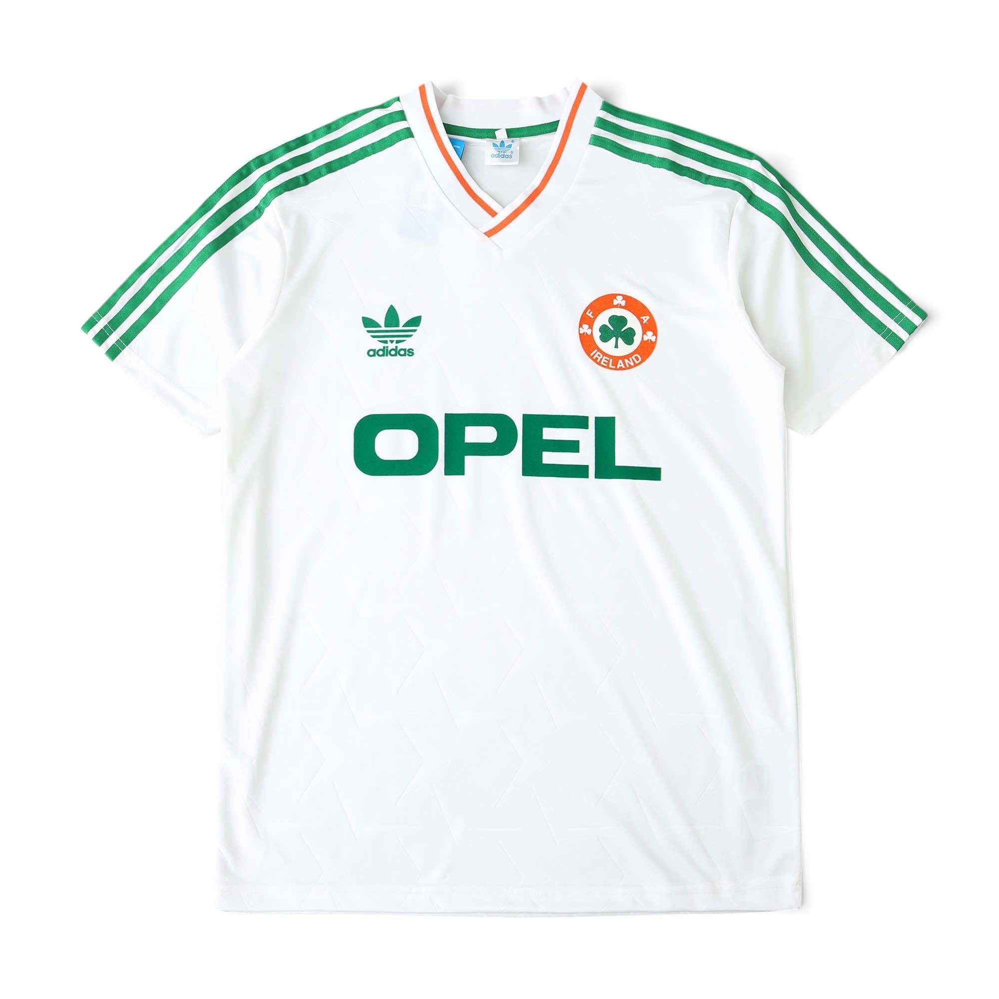 Elite Retro Kits Ireland 1990 away football shirt in white with green stripes, FAI crest, and vintage Opel sponsor.