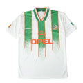 Elite Retro Kits Ireland 1994 away football shirt in white with green vertical stripes and orange trim details.