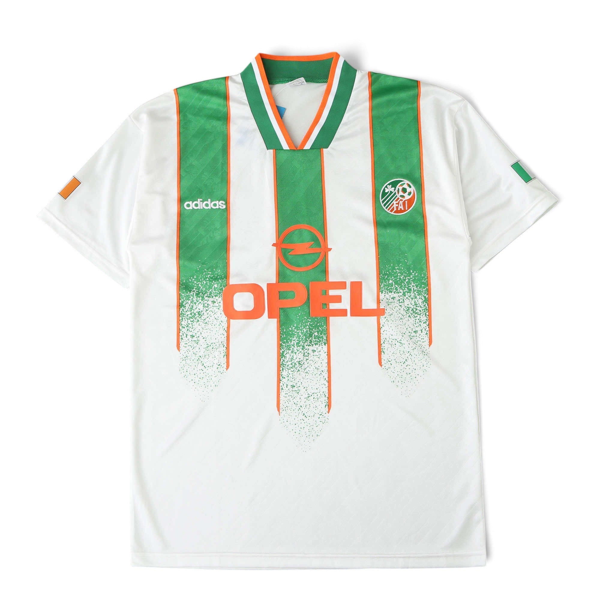 Elite Retro Kits Ireland 1994 away football shirt in white with green vertical stripes and orange trim details.