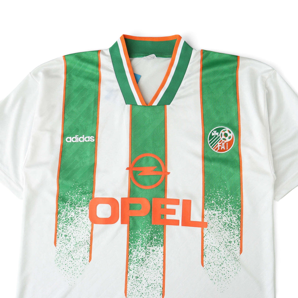 Elite Retro Kits Ireland 1994 away football shirt in white with green vertical stripes and orange trim details