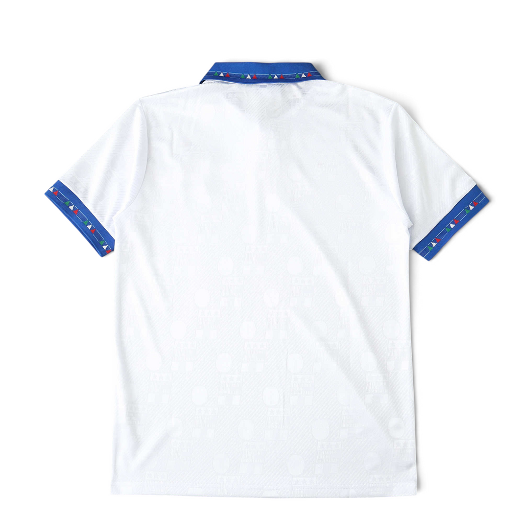 Elite Retro Kits Italy 1994 away football shirt in white with blue collar and sleeve trim featuring tricolour detail