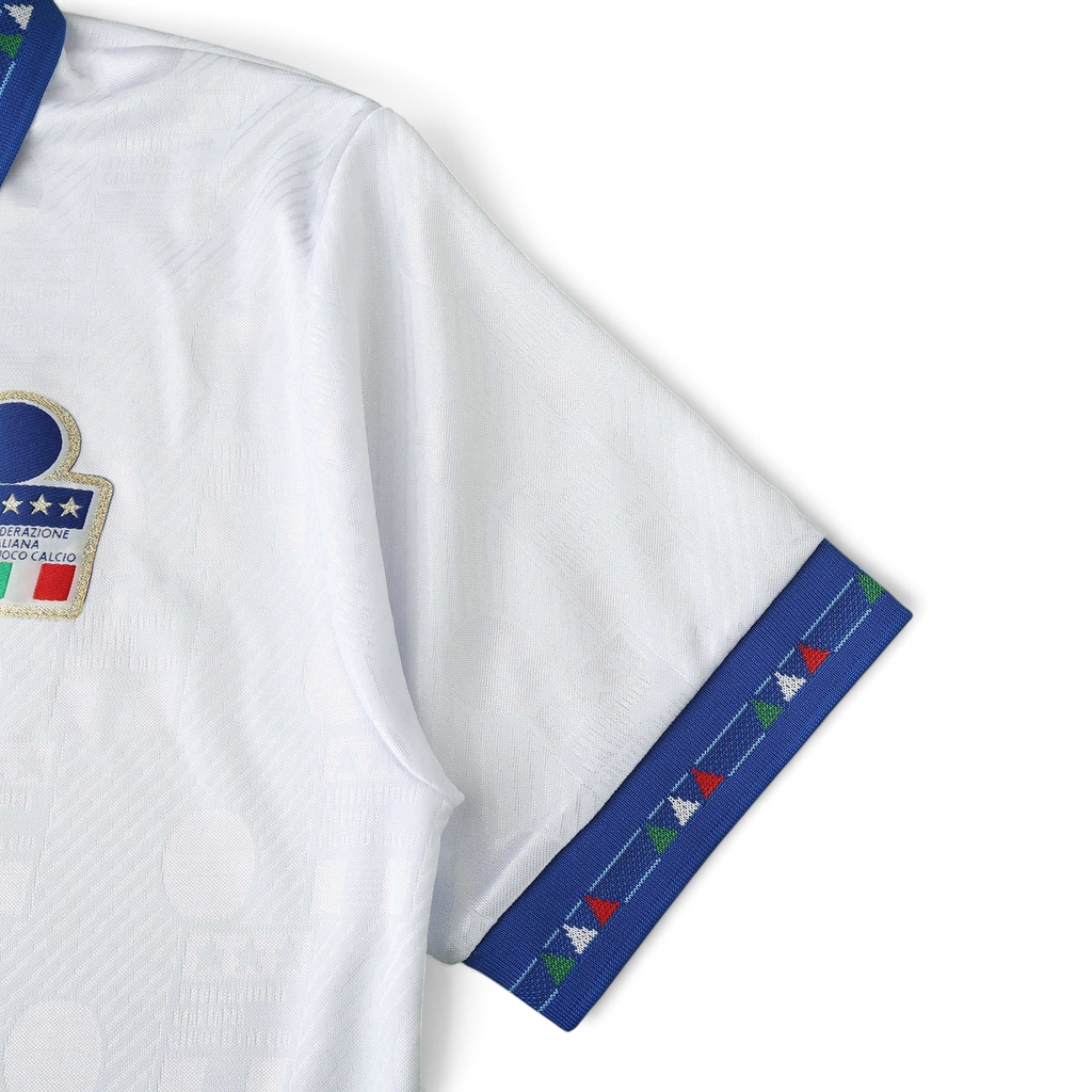 Elite Retro Kits Italy 1994 away football shirt in white with blue sleeve trim featuring Italian flag detailing