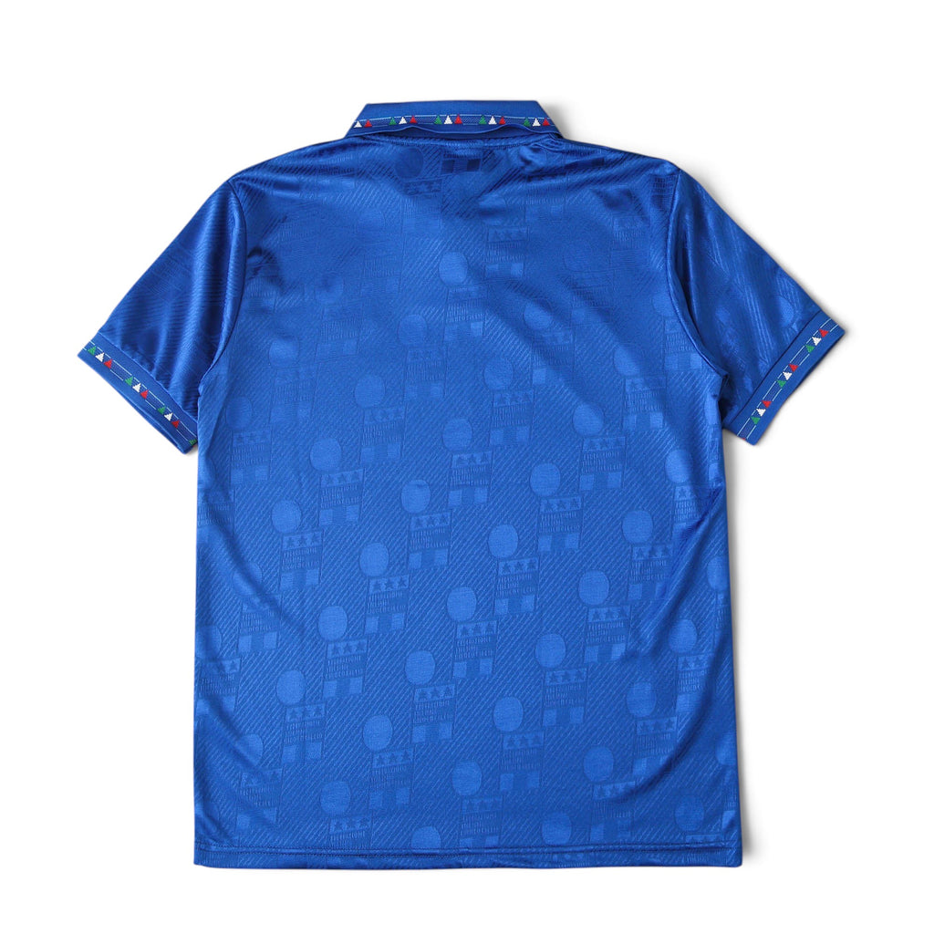 Elite Retro Kits Italy 1994 home football shirt in blue with subtle jacquard pattern and tricolour collar trim