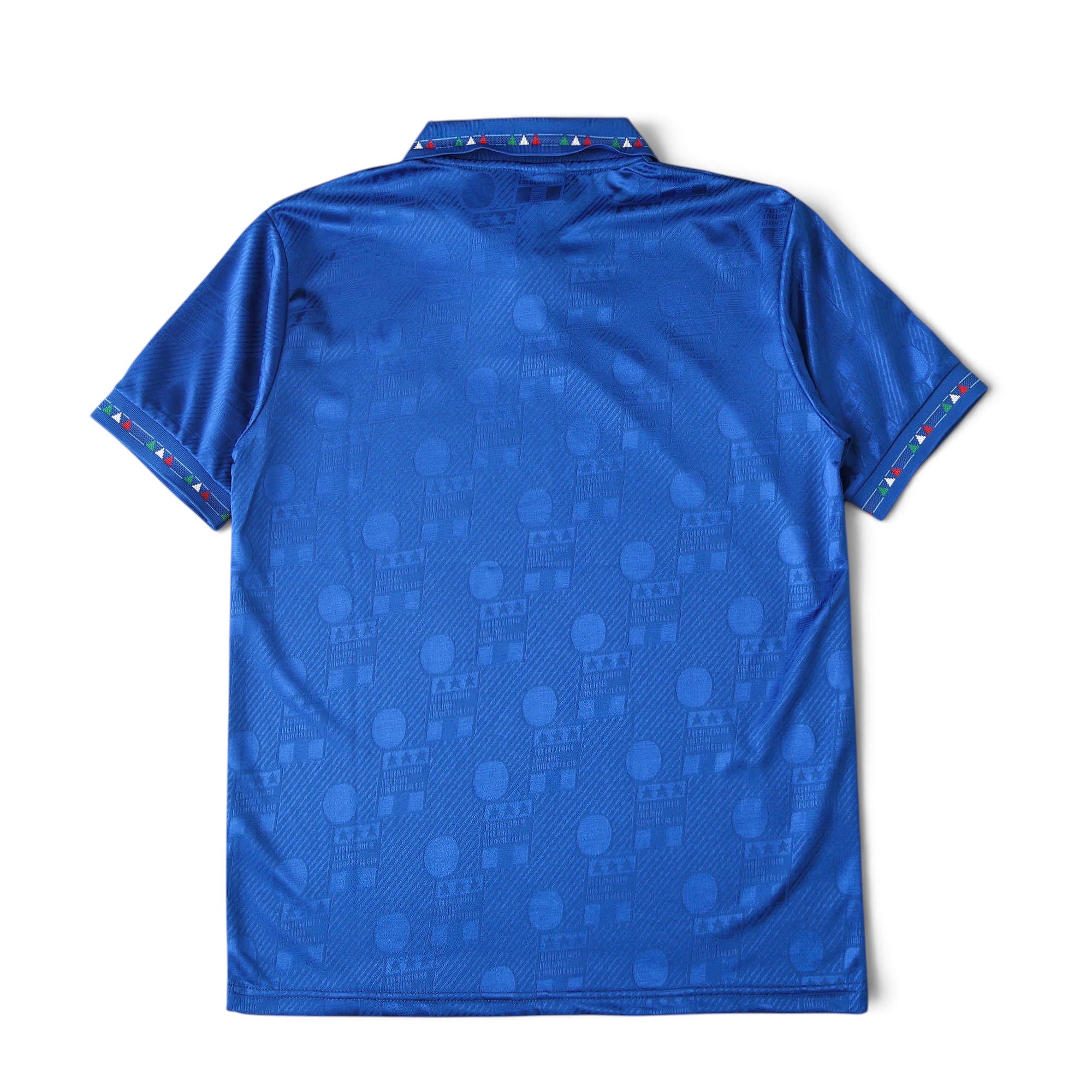 Elite Retro Kits Italy 1994 home football shirt in blue with subtle jacquard pattern and tricolour collar trim