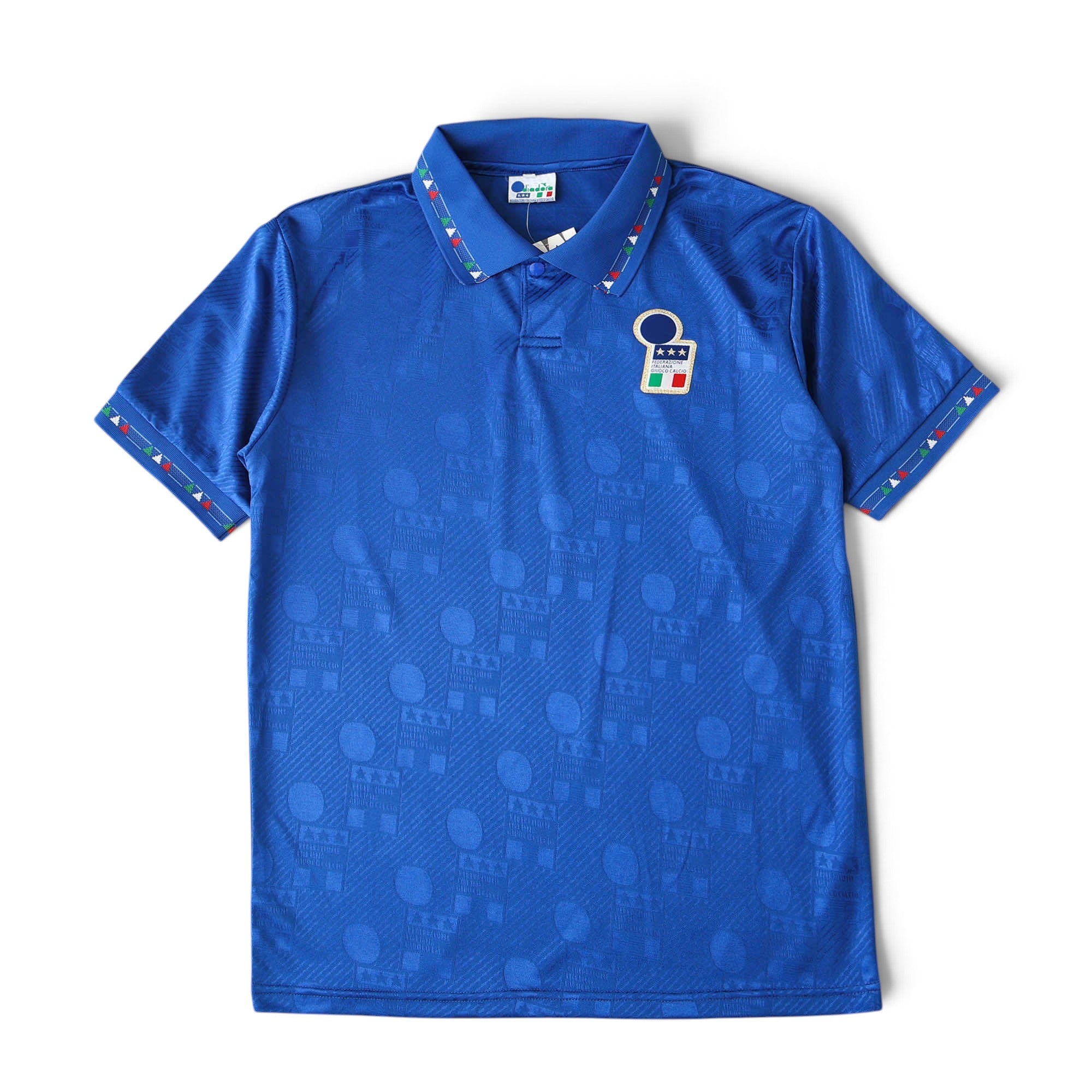 Elite Retro Kits Italy 1994 home football shirt in blue with subtle jacquard pattern, polo collar, and team crest.