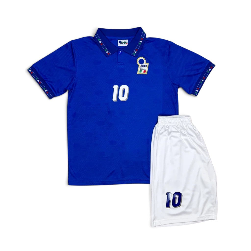 Elite Retro Kits kids Italy 1994 home football kit featuring a blue polo shirt and white shorts with number 10
