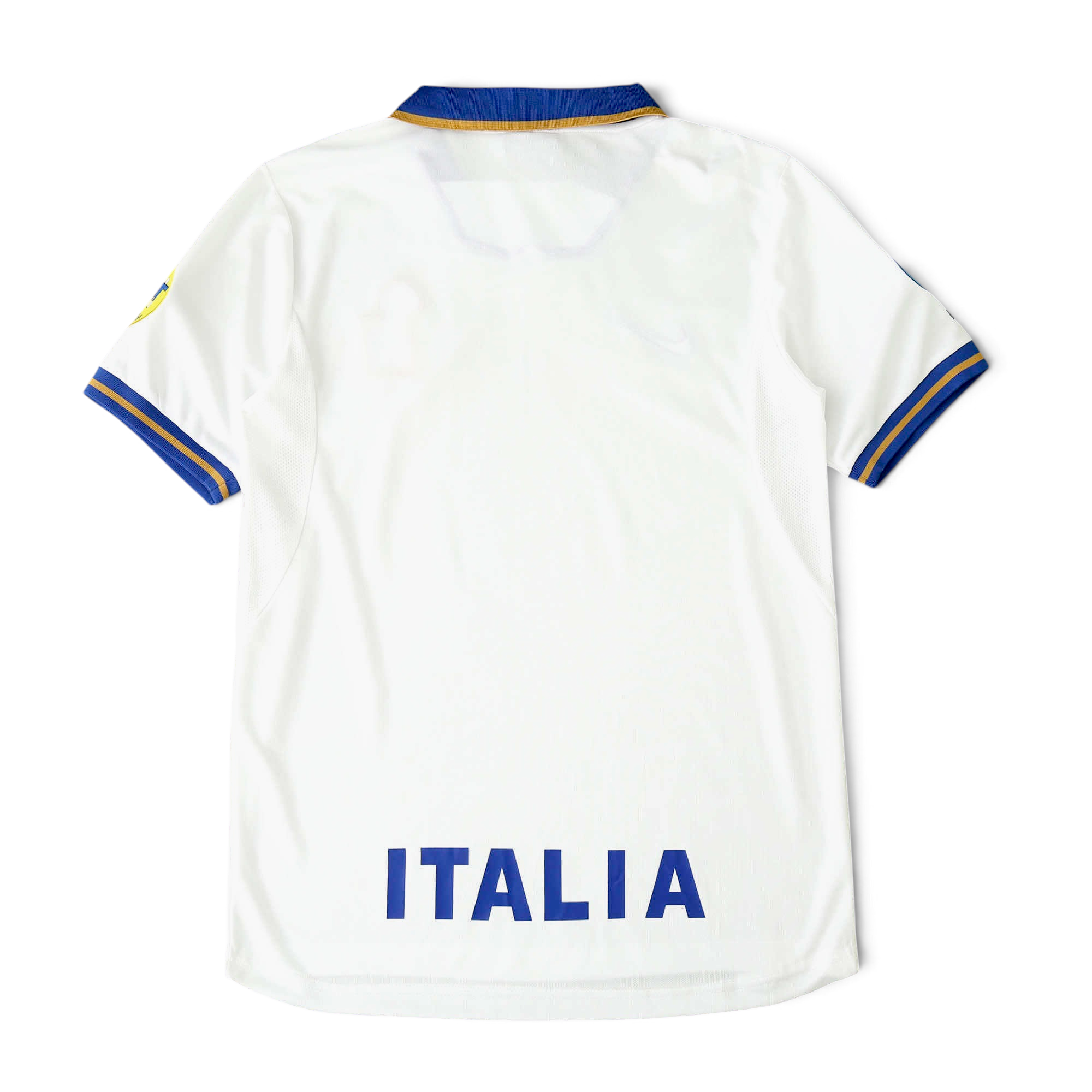Elite Retro Kits Italy 1996 away football shirt in white with blue and gold collar and Italia text on the back