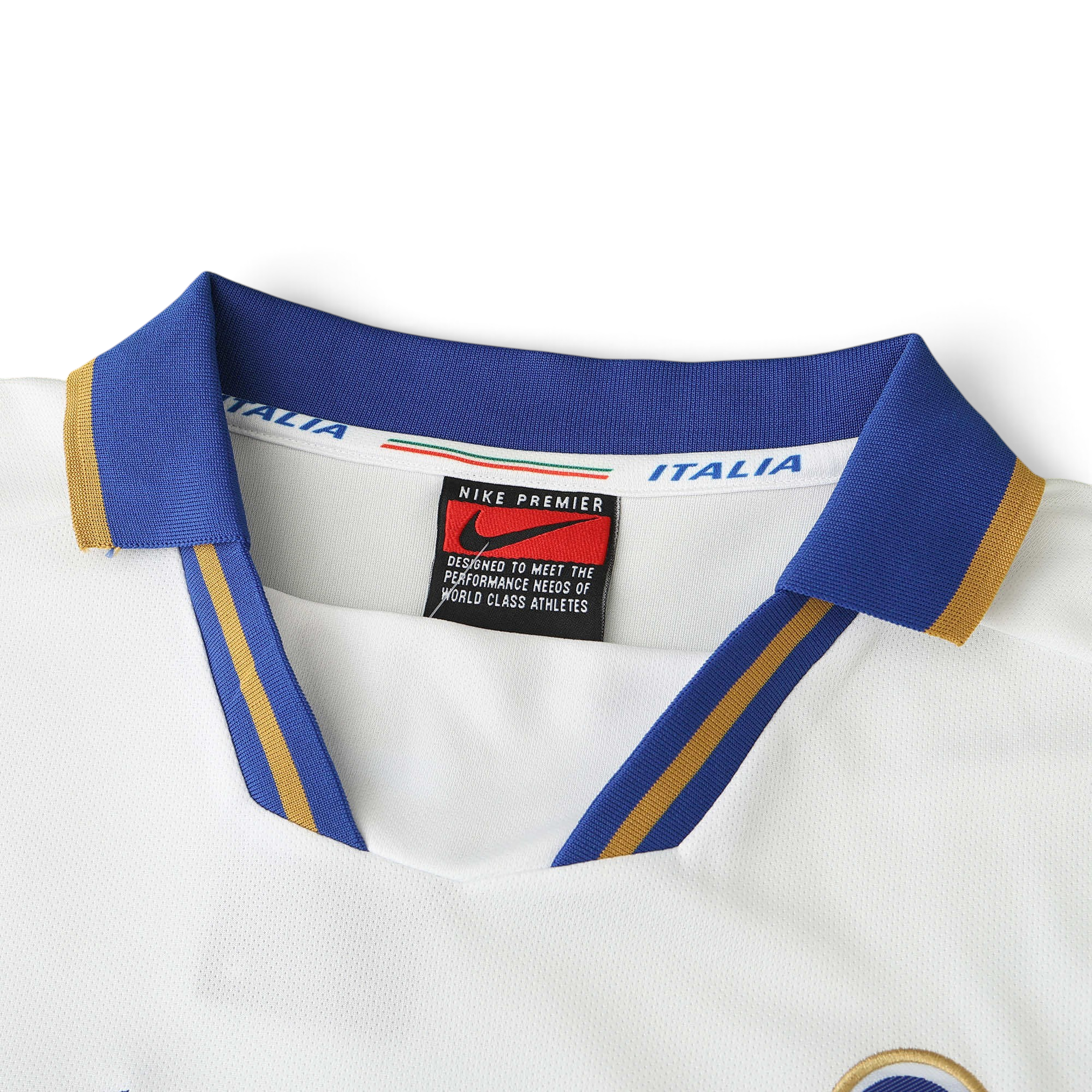 Elite Retro Kits Italy 1996 away football shirt featuring a white collar with blue and gold trim and Nike branding.