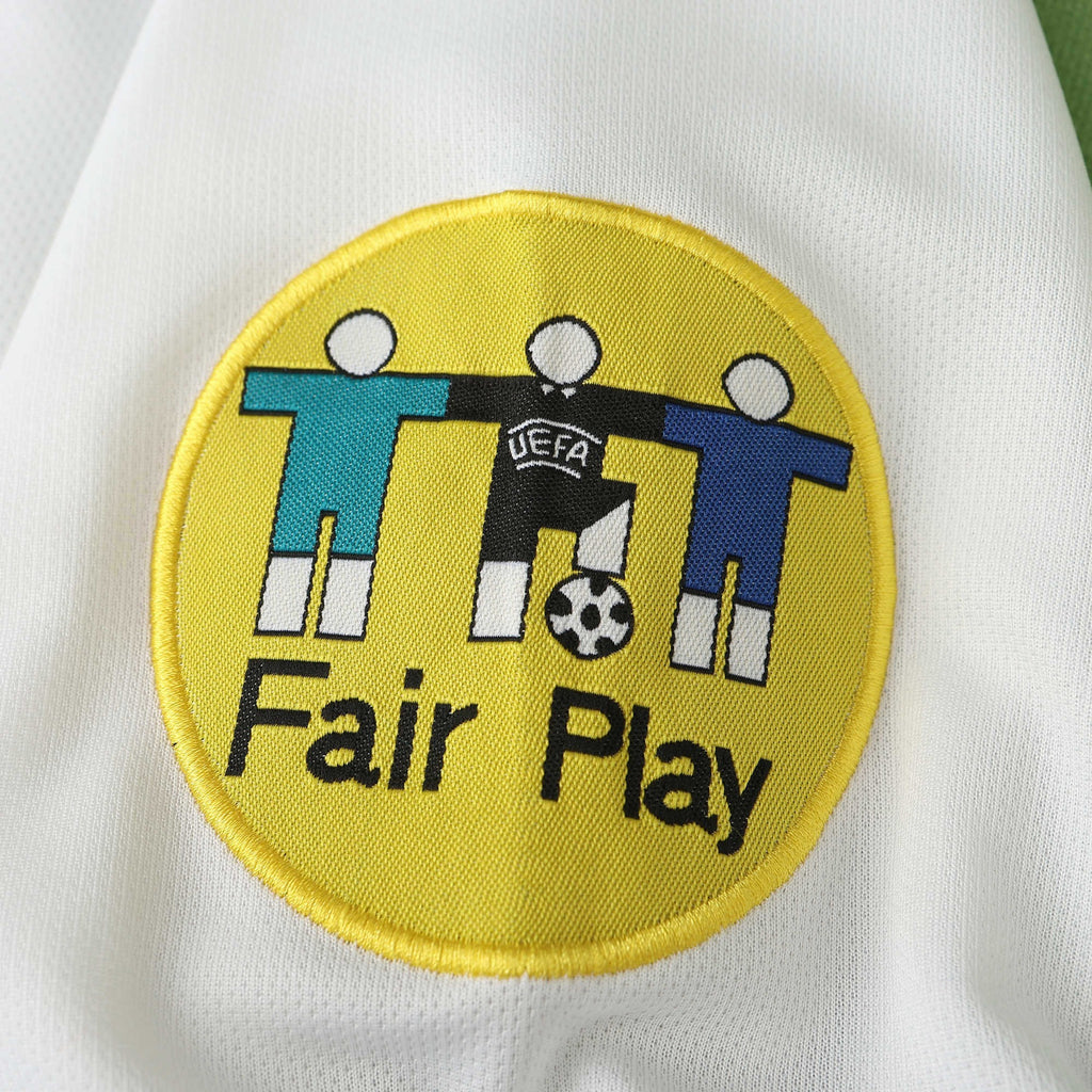 Elite Retro Kits Italy 1996 away shirt featuring a circular yellow UEFA Fair Play patch on white fabric