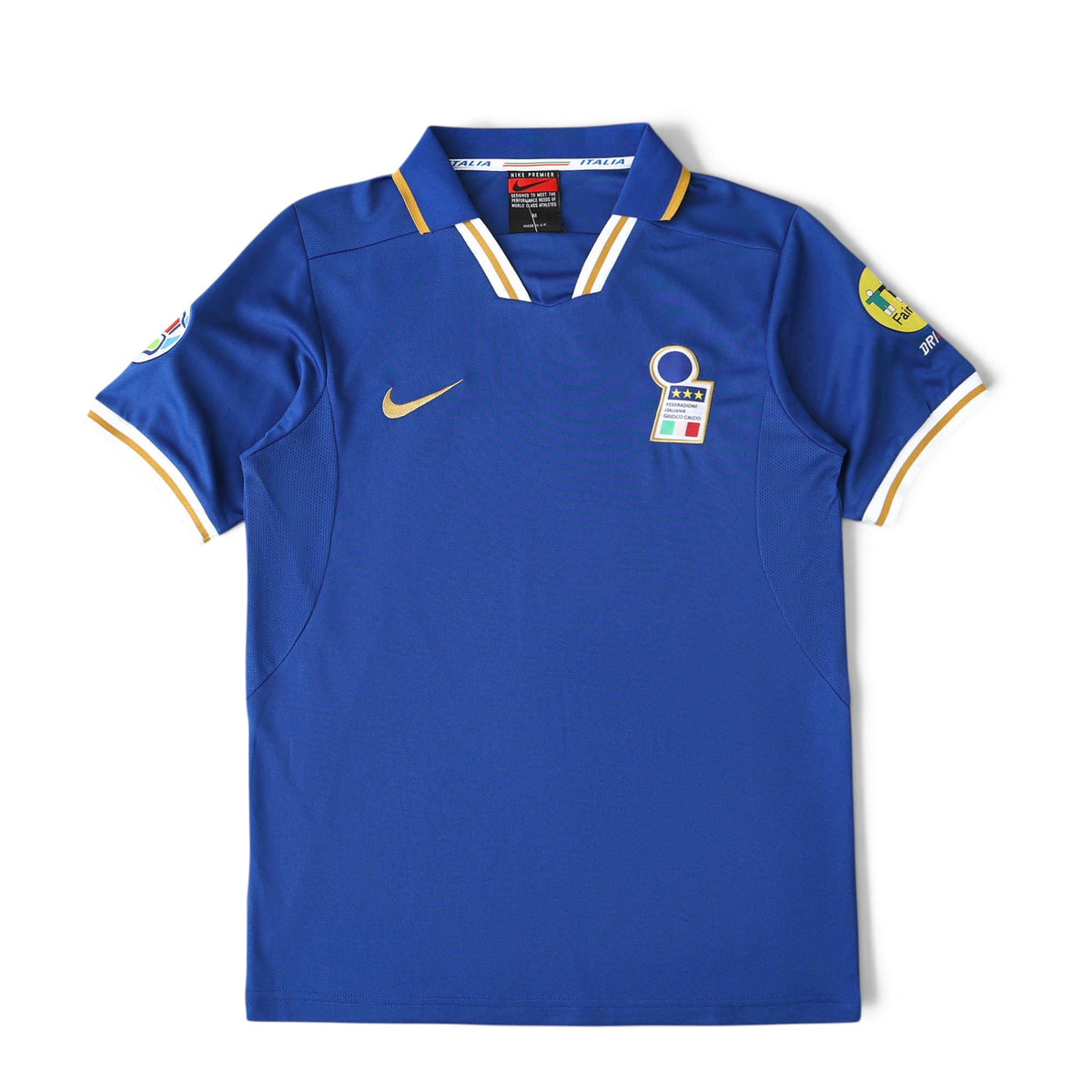 Elite Retro Kits Italy 1996 home football shirt in classic azzurro blue with white and gold trim and FIGC crest