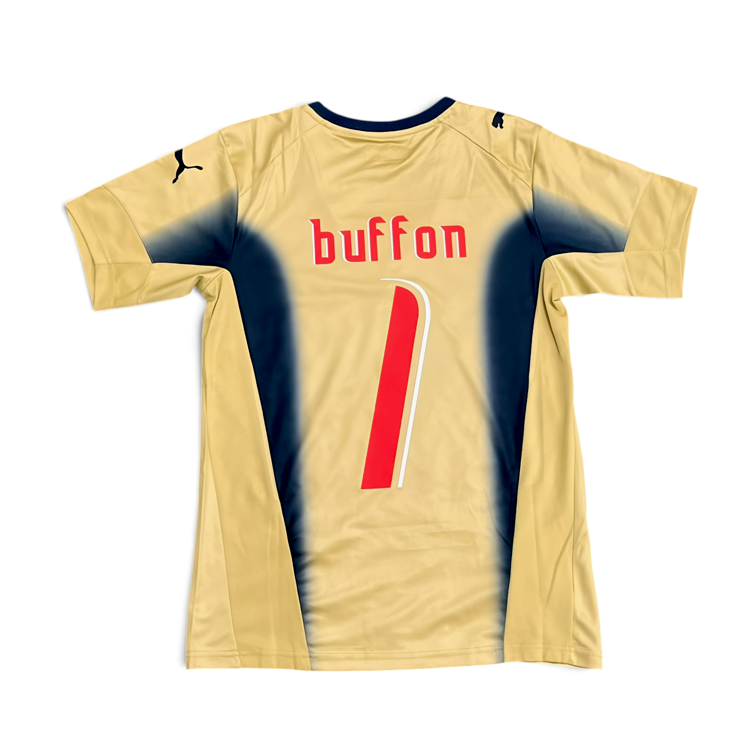Elite Retro Kits Italy 2006 Buffon goalkeeper shirt in gold with navy blue side panels and red lettering