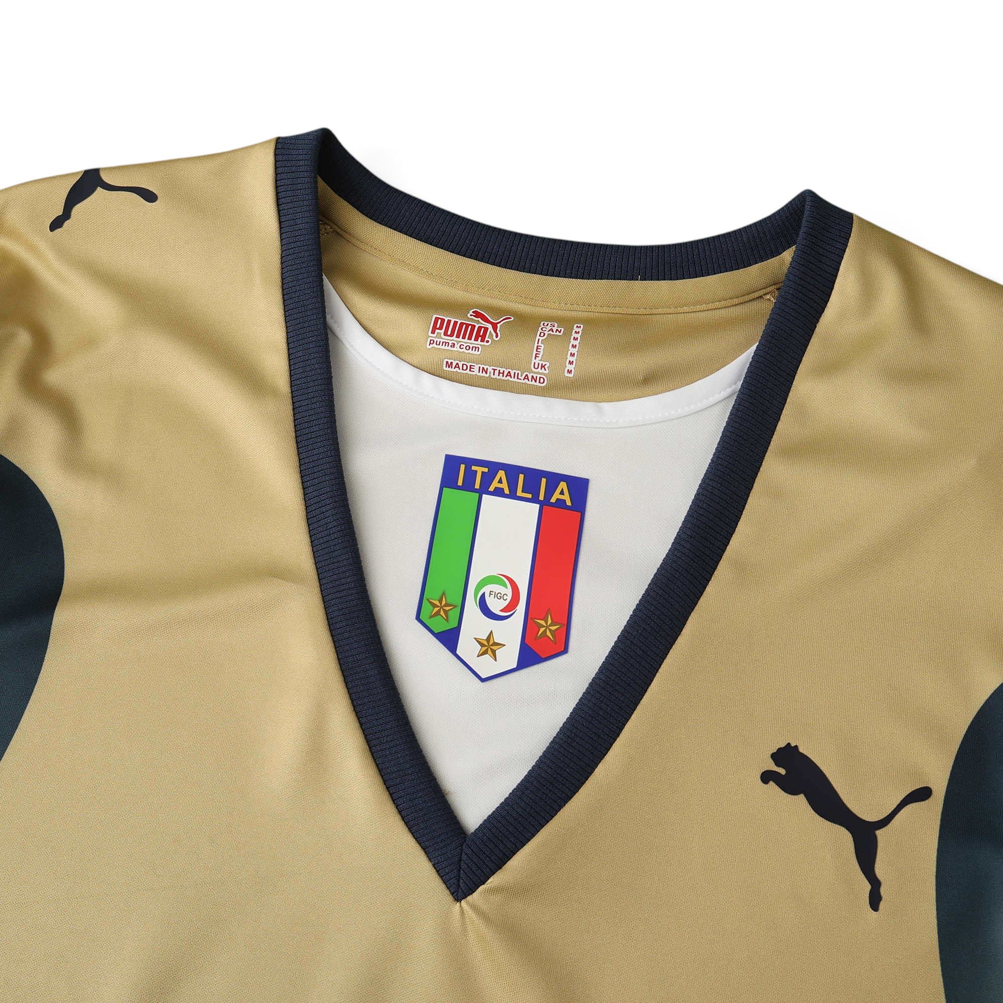 Elite Retro Kits Italy 2006 goalkeeper shirt in gold with navy trim, featuring the FIGC crest and Puma logo