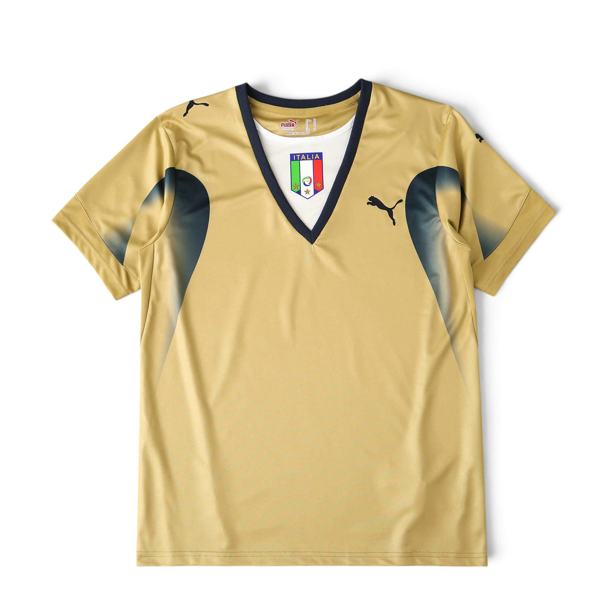 Elite Retro Kits Italy 2006 goalkeeper shirt in gold with navy accents, V-neck collar, and Italian team crest.