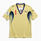 Elite Retro Kits Italy 2006 goalkeeper shirt in gold with navy blue accents, featuring the iconic national team crest.