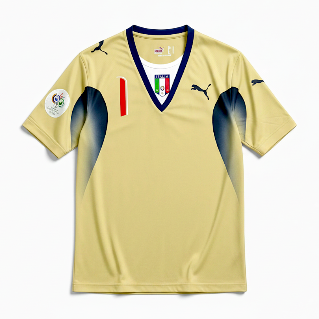Elite Retro Kits Italy 2006 goalkeeper shirt in gold with navy blue accents, featuring the iconic national team crest.