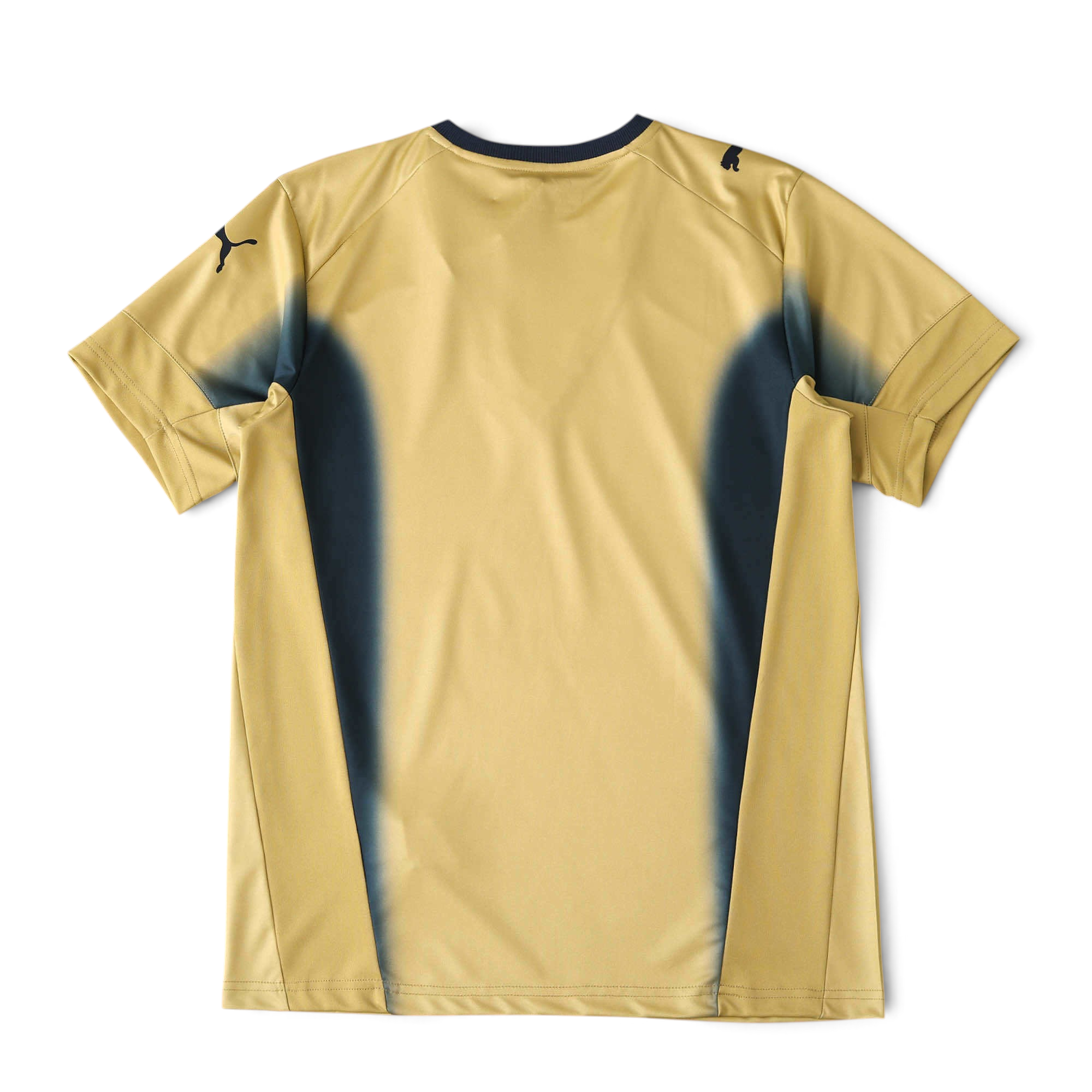 Elite Retro Kits Italy 2006 goalkeeper shirt in gold with dark blue side panels and black Puma logo, back view