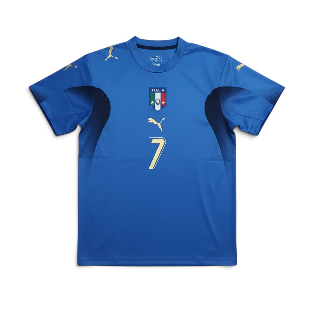 Elite Retro Kits Italy 2006 home football shirt in azzurro blue with gold details and number 7 on the chest