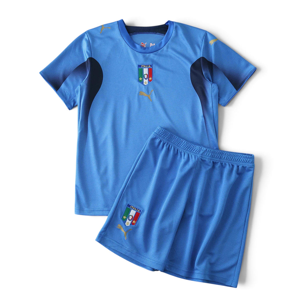 Elite Retro Kits kids Italy 2006 home football kit in classic azzurro blue with gold accents and team crest