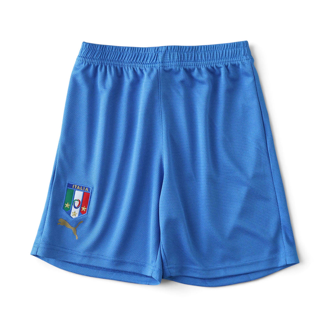 Elite Retro Kits kids Italy 2006 home football shorts in classic azzurro blue with team crest and gold logo