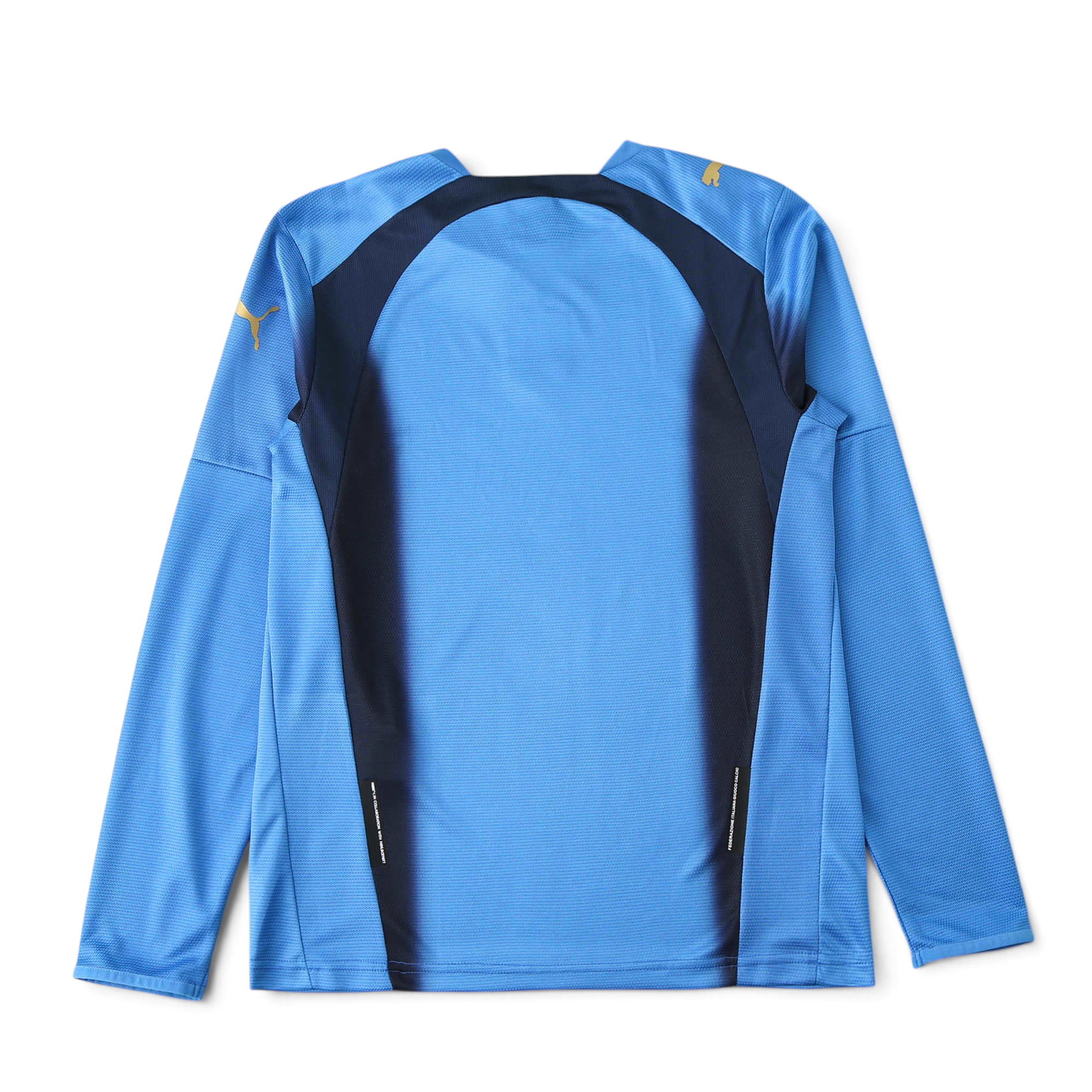 Elite Retro Kits Italy 2006 home long sleeve football shirt in azzurro blue with navy side panels and gold Puma logos