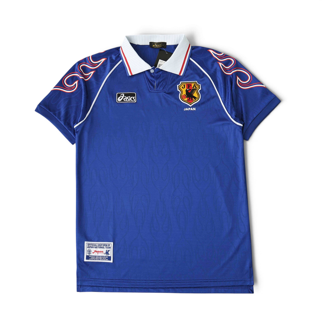 Elite Retro Kits Japan 1998 home football shirt in blue with white collar and iconic flame sleeve graphics
