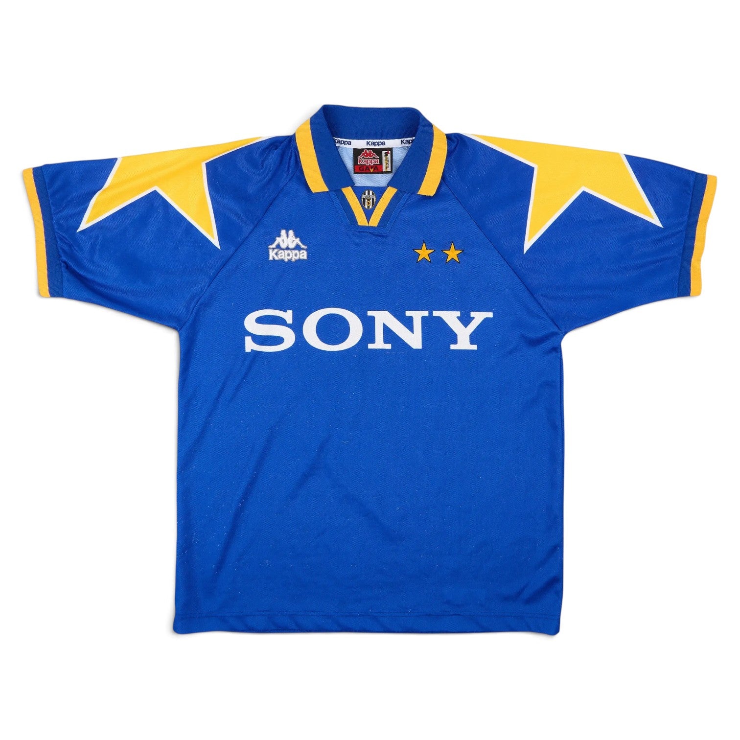 Elite Retro Kits Juventus 1995/96 away football shirt in blue with yellow star shoulder details and Sony sponsor