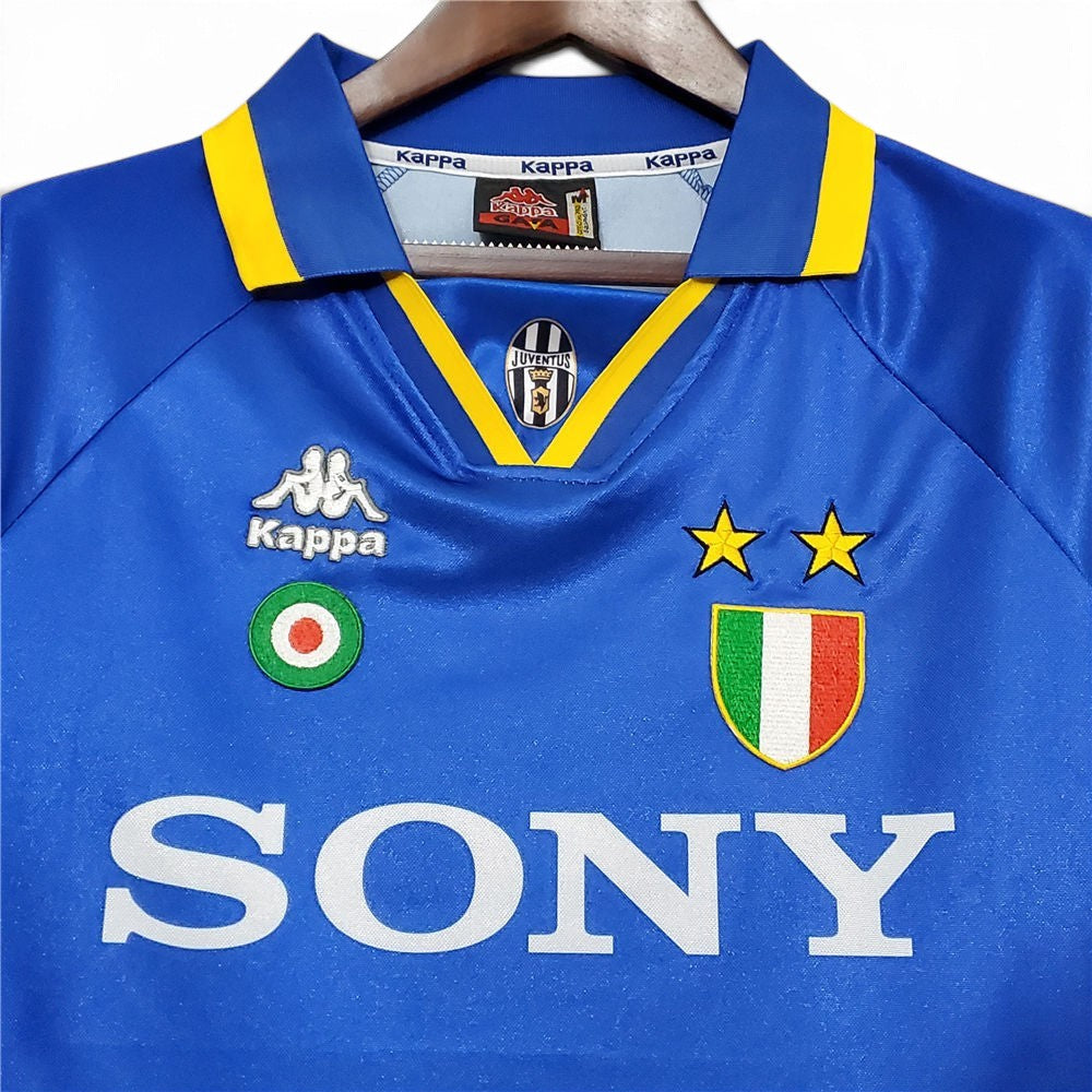 Elite Retro Kits Juventus 1995/96 away football shirt in blue with yellow collar, Kappa logo, and Sony sponsor.