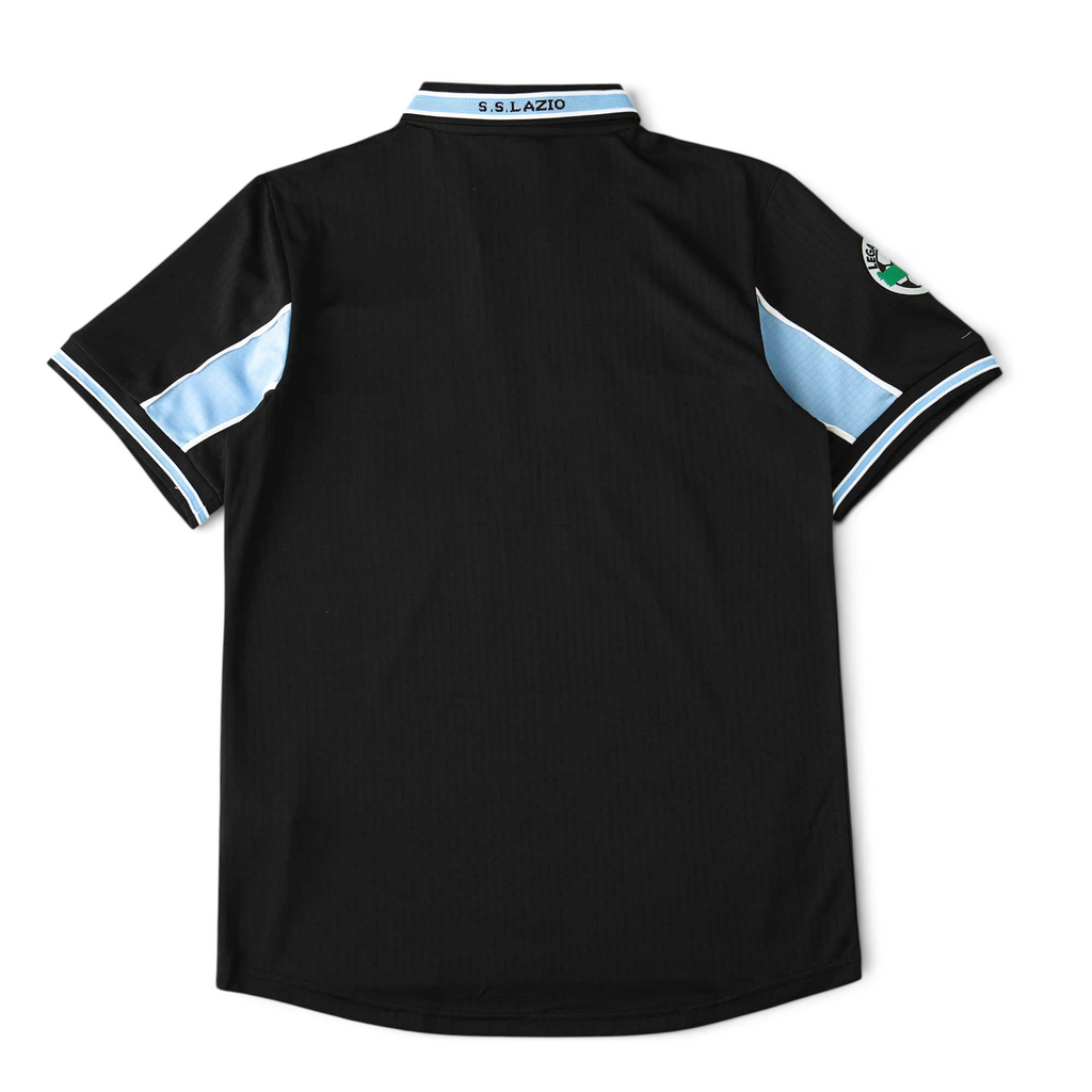 Back view of Elite Retro Kits Lazio 1998/99 away football shirt in black with sky blue sleeve and collar detailing.