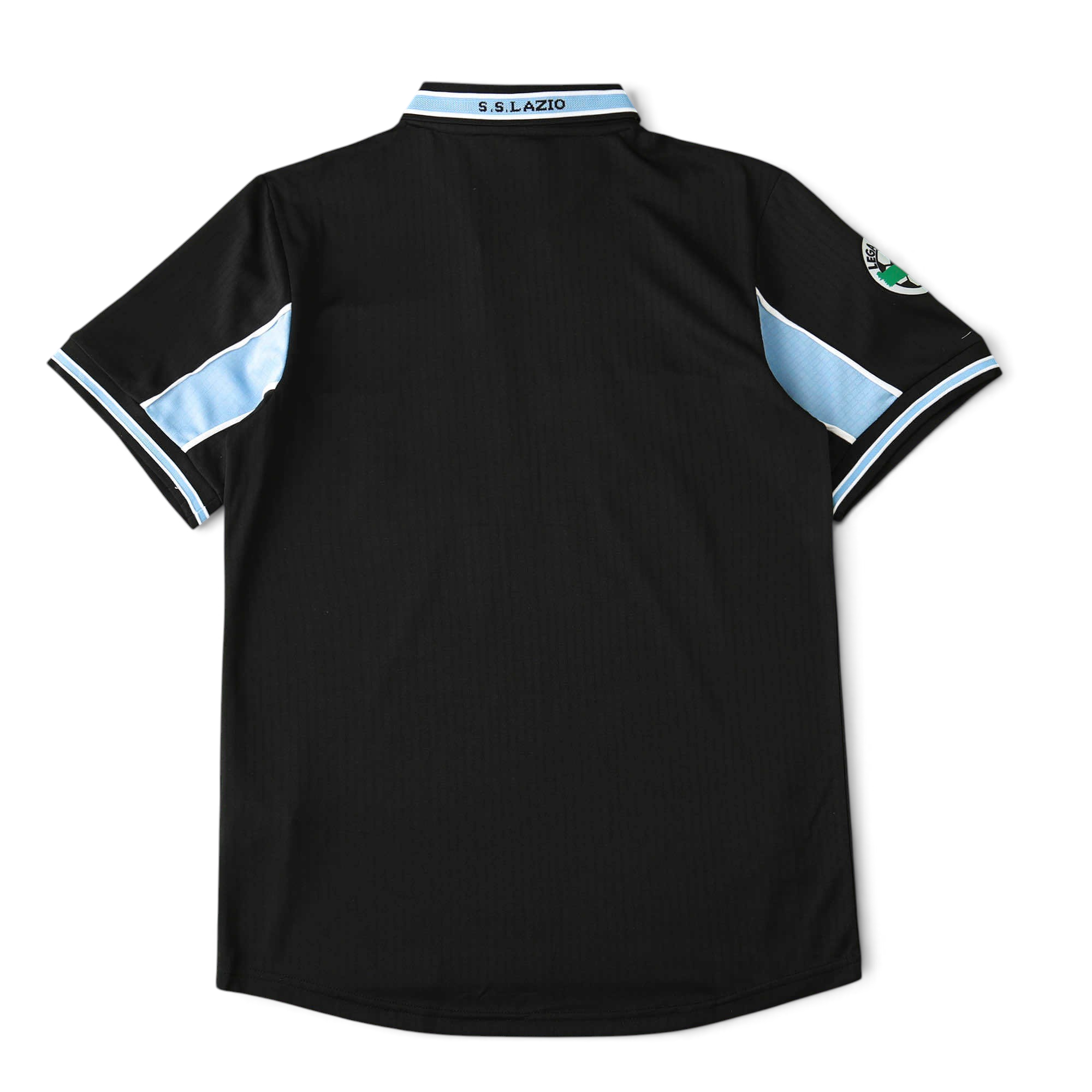 Back view of Elite Retro Kits Lazio 1998/99 away football shirt in black with sky blue sleeve and collar detailing.