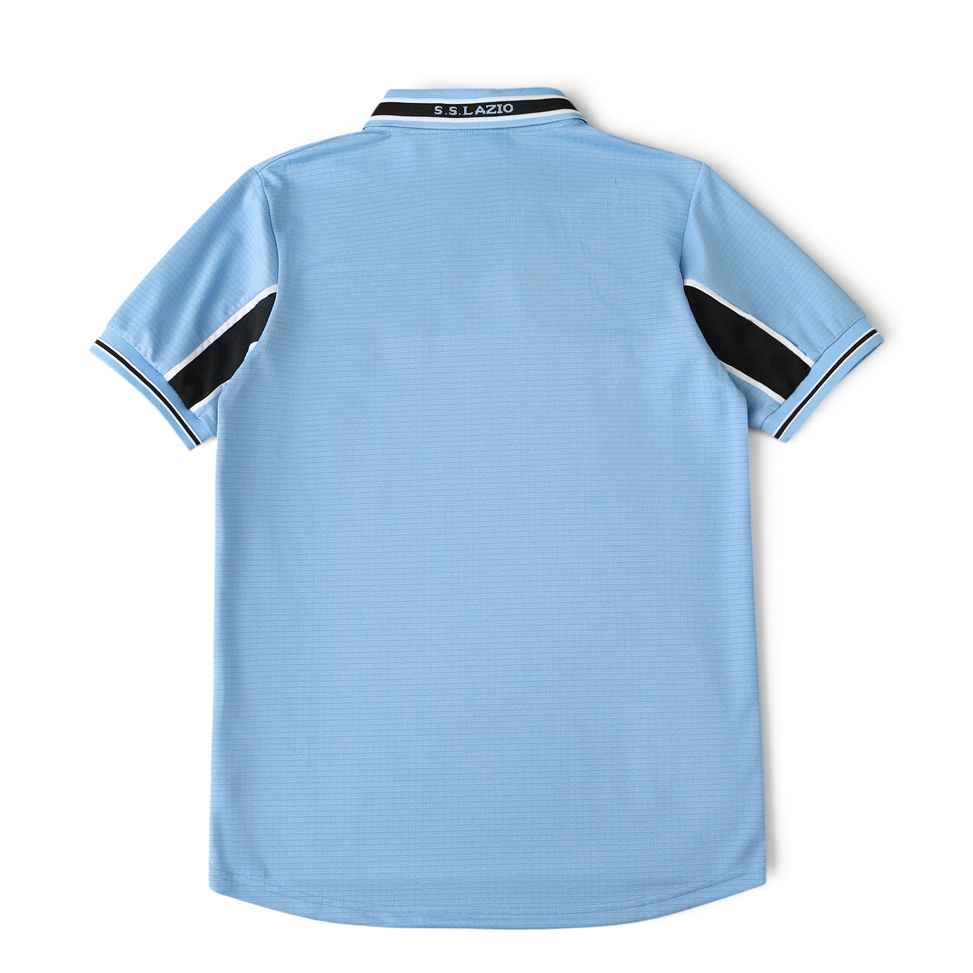 Back view of Elite Retro Kits Lazio 1998/99 home shirt in sky blue with black sleeve trim and S.S. Lazio collar text.