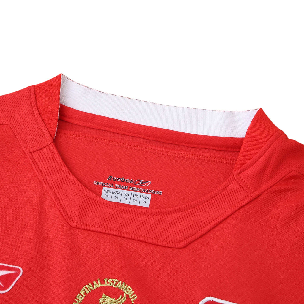 Elite Retro Kits Liverpool 2004/05 UCL Final kids home jersey collar detail with red fabric and white trim