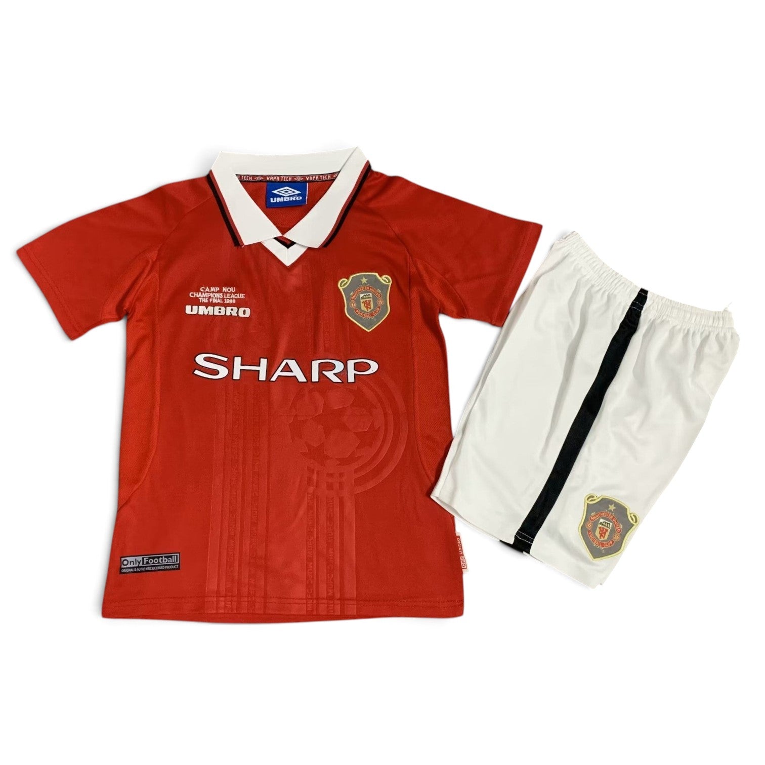 Elite Retro Kits kids Manchester United 1999/00 home kit featuring a red jersey with white collar and white shorts.