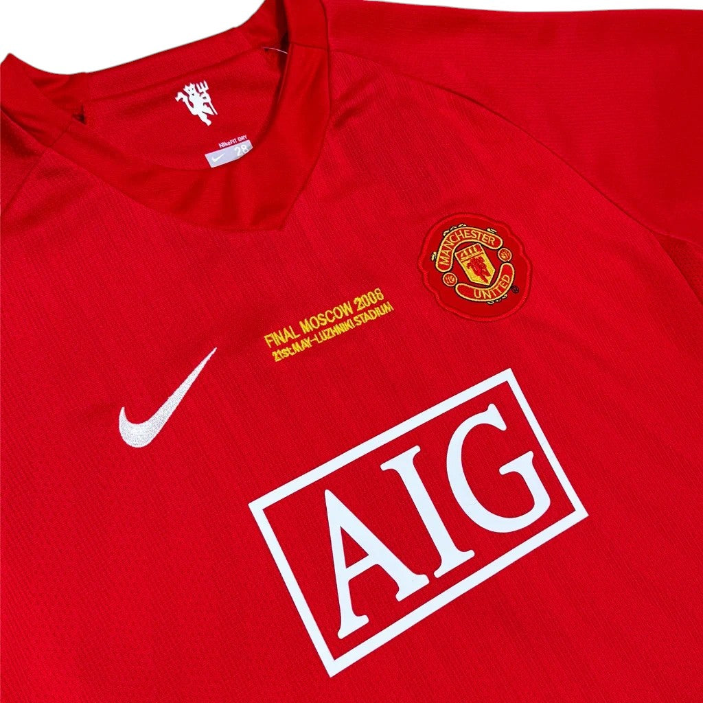 Elite Retro Kits Manchester United 2007/08 home kids jersey in red with AIG sponsor and Moscow 2008 final embroidery.