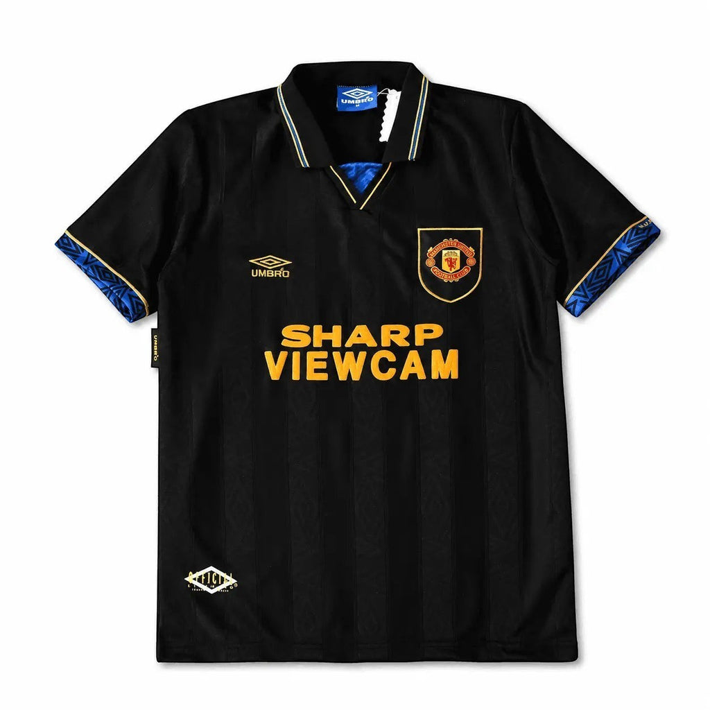 Elite Retro Kits Manchester United 1993-1995 away football shirt in black with blue and yellow Umbro detailing.