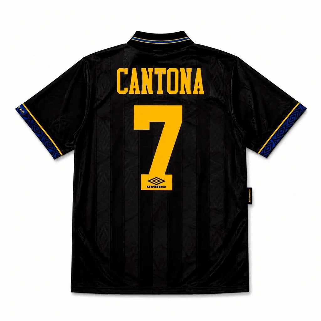 Elite Retro Kits Manchester United 1993/1995 away shirt in black with yellow Cantona 7 print and blue trim