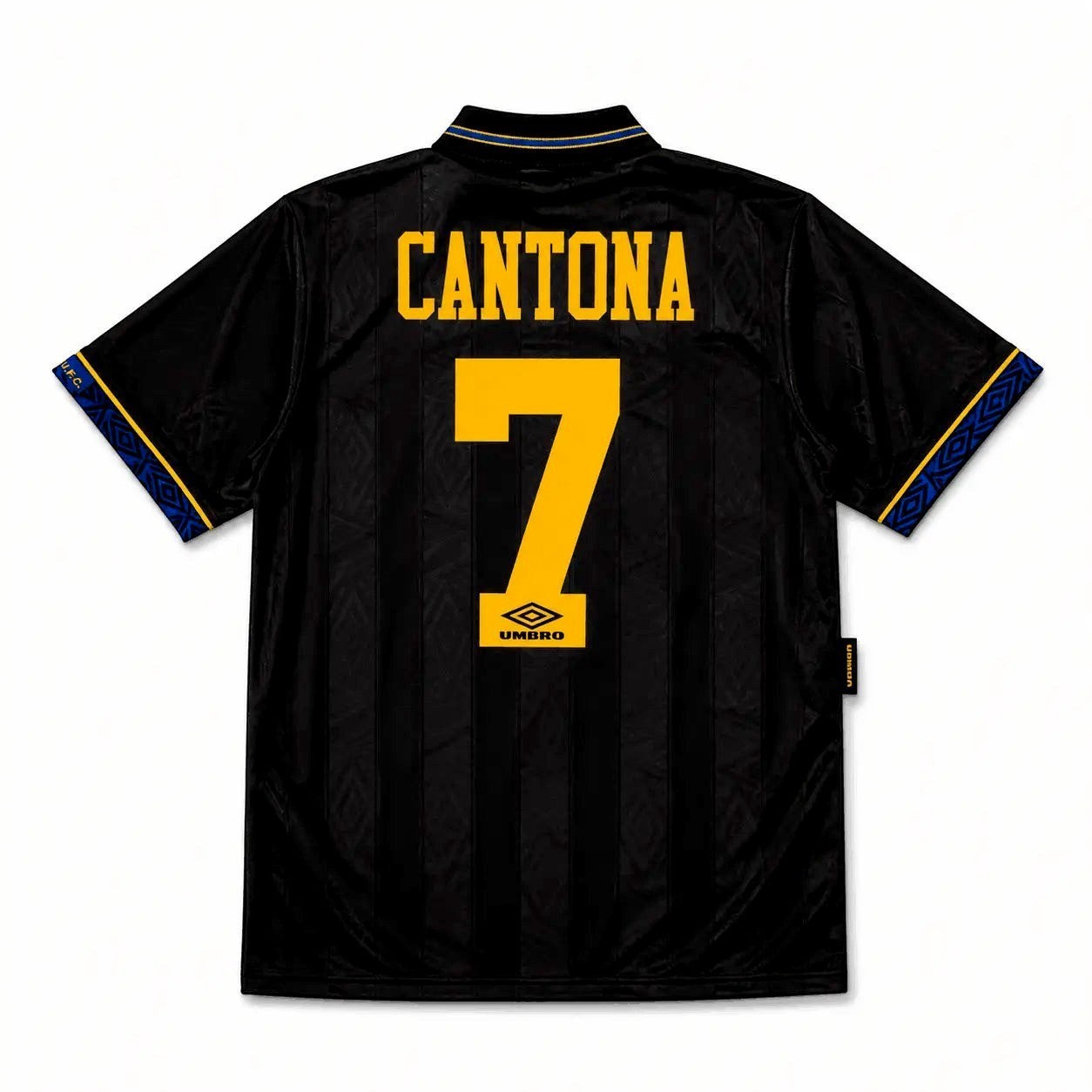 Elite Retro Kits Manchester United 1993/1995 away shirt in black with yellow Cantona 7 print and blue trim