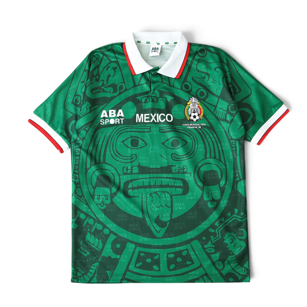 Elite Retro Kits Mexico 1998 home football shirt in green with Aztec calendar print, white collar, and FMF crest.