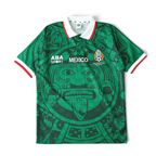 Elite Retro Kits Mexico 1998 home football shirt in green with Aztec calendar print, white collar, and FMF crest.