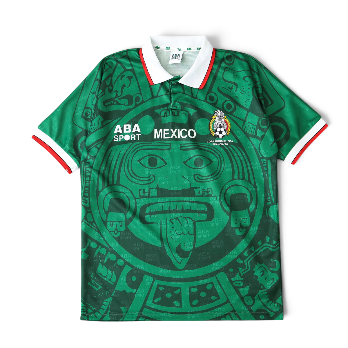 Elite Retro Kits Mexico 1998 home football shirt in green with Aztec calendar print, white collar, and FMF crest.