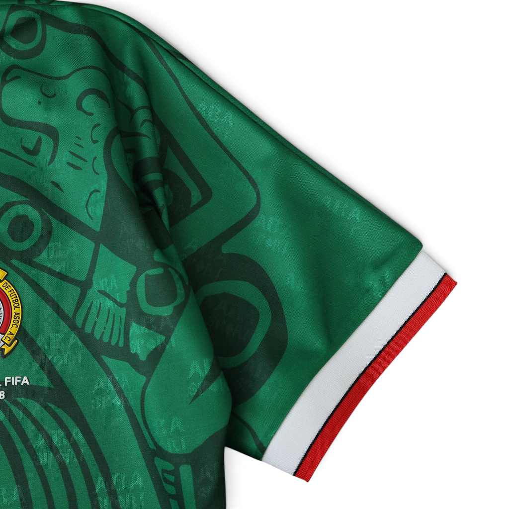 Elite Retro Kits Mexico 1998 home football shirt in green with Aztec-inspired print and red-white-green sleeve trim