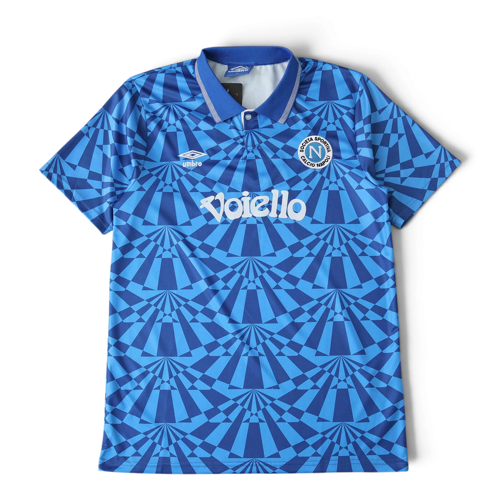 Elite Retro Kits Napoli 1991-93 home football shirt in blue with a tonal geometric pattern and Voiello sponsor logo.