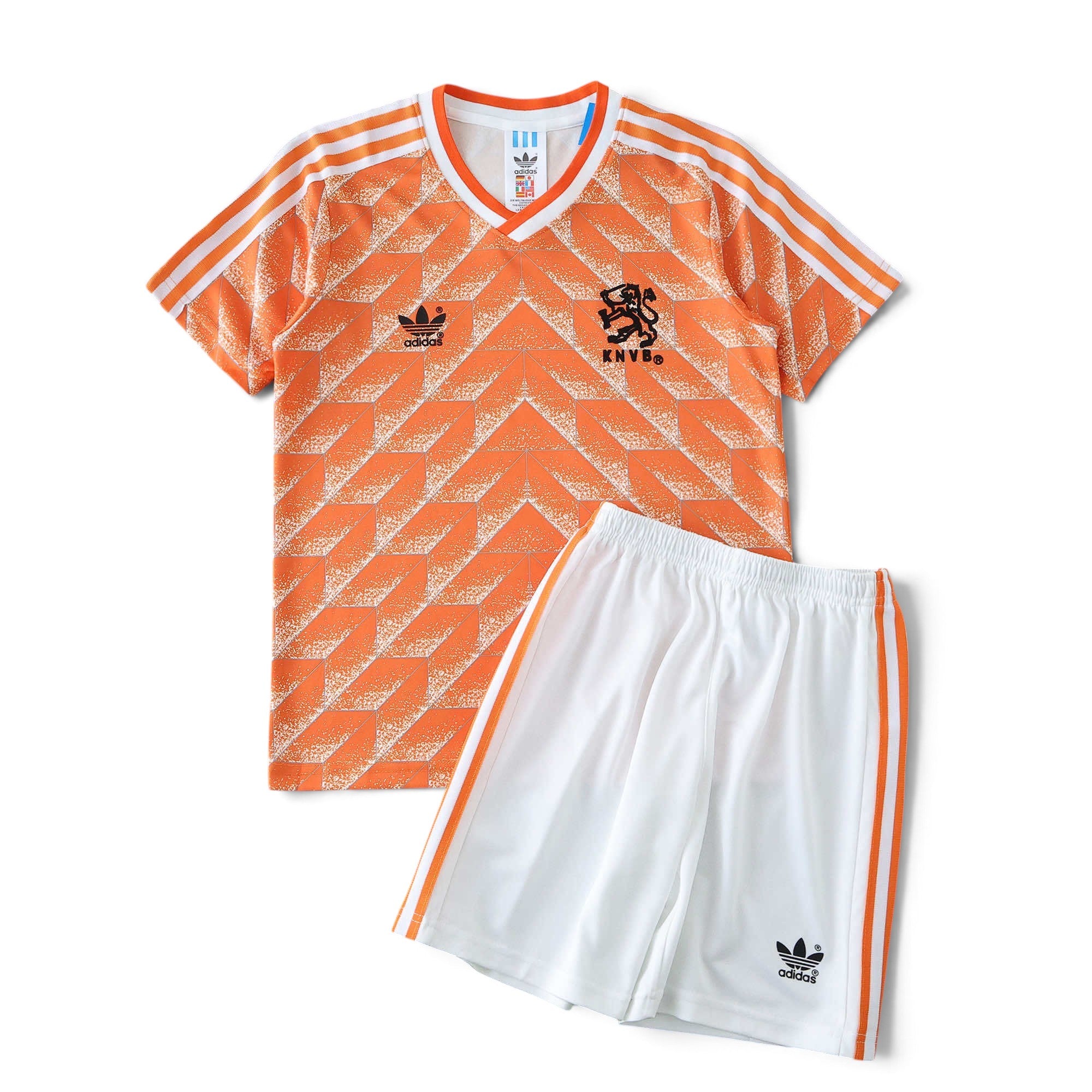Elite Retro Kits kids Netherlands 1988 home football kit featuring the iconic orange geometric pattern and white shorts