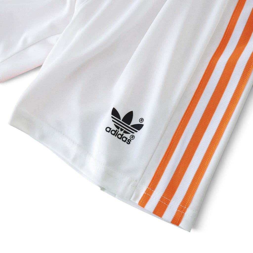 Elite Retro Kits Netherlands 1988 kids home shorts in white with orange side stripes and black adidas trefoil logo